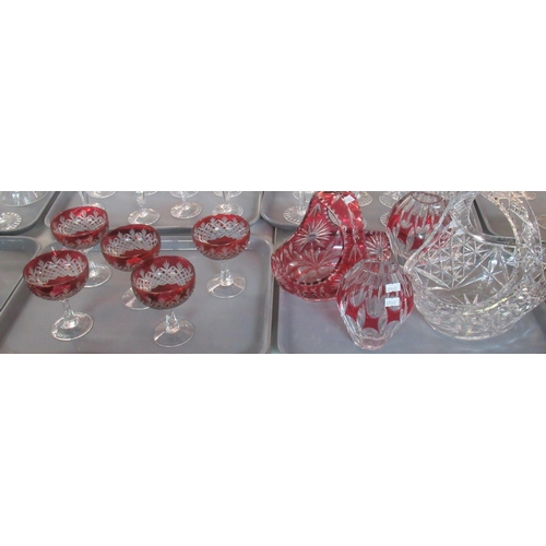 386 - Four trays of mainly glassware, to include: cut glass baskets, pair of cranberry and clear glass vas... 