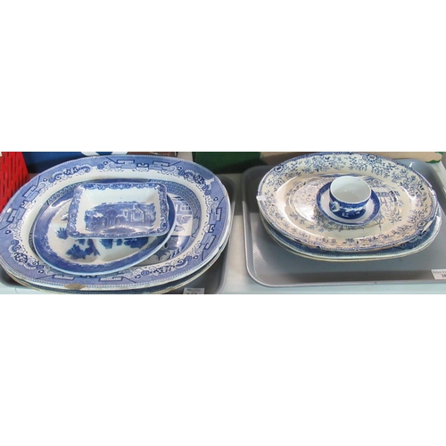 388 - Two large Staffordshire blue and white 'Willow' pattern meat dishes and 2 smaller ones, a blue and w... 