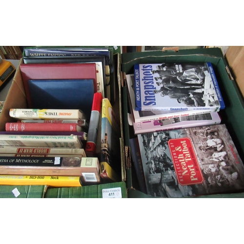 411 - Two boxes of hard back books, war books, train books, etc. to include 'English and American Steam Ca... 