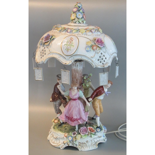 65 - German Dresden style porcelain table lamp with florally encrusted mushroom shade above a base of 18t... 