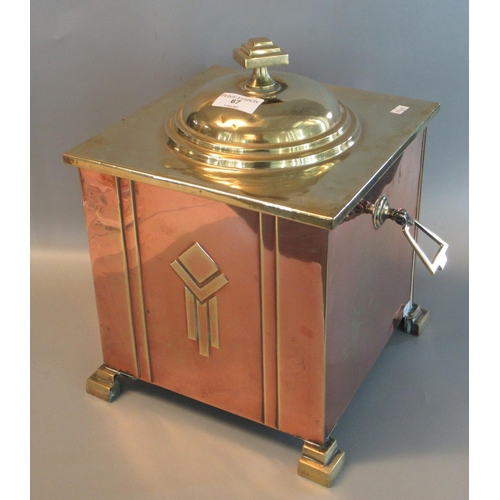 67 - Art Deco copper and brass two handled lidded coal bin with geometric feet.(B.P. 21% + VAT)