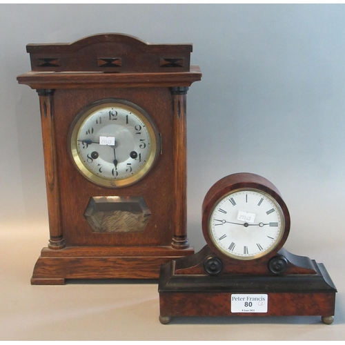 80 - Edwardian Walnut and ebonised drum mantle clock, together with an early 20th century oak two train m... 