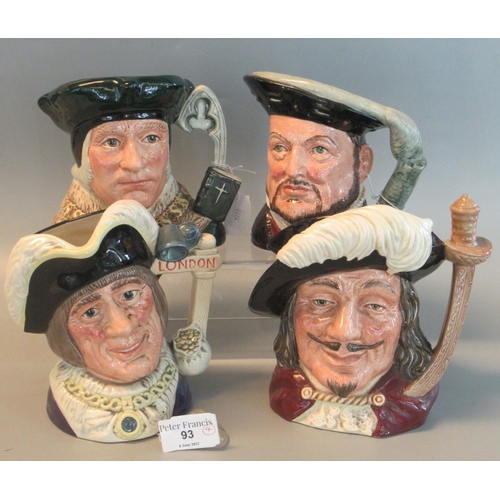 93 - 4 Royal Doulton character jugs, to include: Sir Thomas More, Dick Whittington, King Henry VIII and P... 