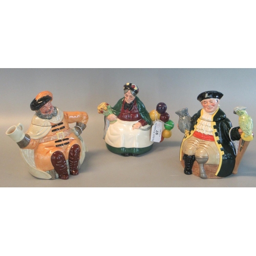 97 - 3 Royal Doulton bone china character teapots to include: Old Balloon Seller, Falstaff and Long John ... 