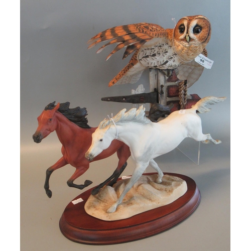 98 - 2 'The Franklin Mint' animal sculptures to include: The Tawny Owl and 2 Galloping Horses on wooden b... 