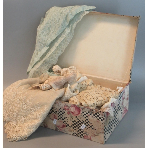 105 - Box comprising an assortment of vintage lace, table ware etc. (B.P. 21% + VAT)