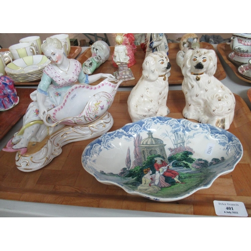 401 - Small pair of Beswick Staffordshire dogs, Bourne and Leigh ornamental bowl decorated with a musician... 