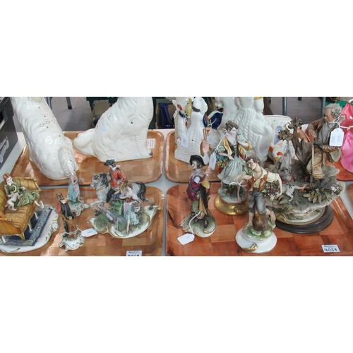 405A - 2 Trays of Capodimonte figurines, to include: a hunter with spaniels and pheasant, flower girl, moun... 