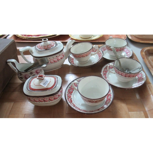 411 - Late 19th century hand painted child's tea set, to include: 4 cups and saucers, teapot, sucrier and ... 