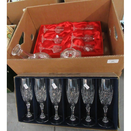 421 - Set of six boxed French lead crystal 'Crystal Taille'  champagne flutes, 6 boxed sherry glasses, and... 