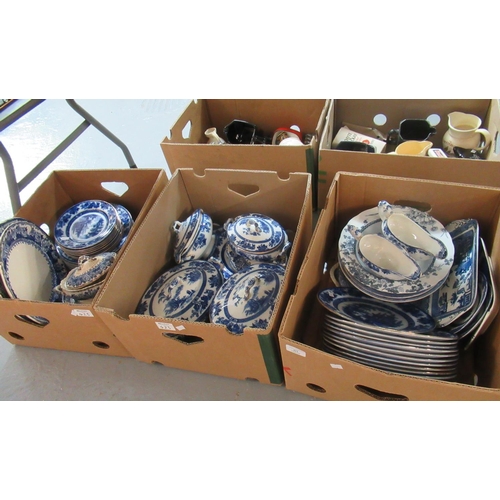 423 - 3 Boxes of assorted blue and white porcelain and china, dinner ware, plates, lidded vegetable dishes... 