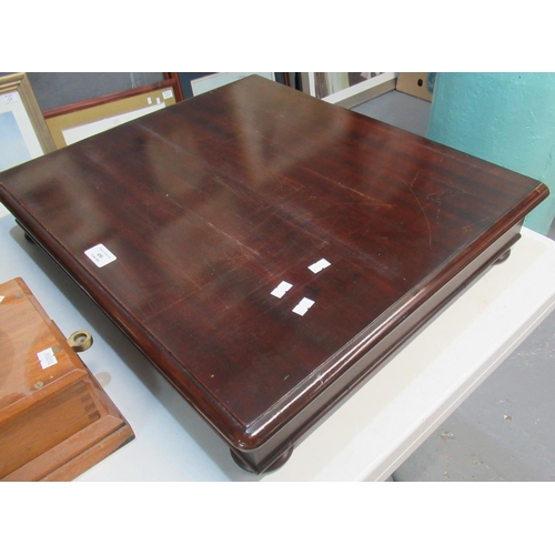 450 - Large mahogany shallow document/writing box with hinged cover on squat bung feet.  57x48cm by 11cm h... 