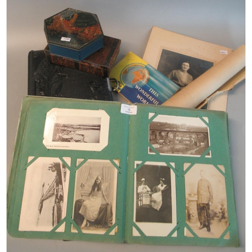 72 - Box with album and tin of various postcards, album of old family photographs, small album of Trex ca... 