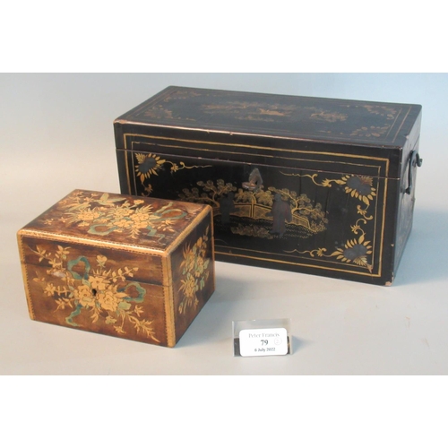 79 - Japanese Chinoiserie lacquered box of square form decorated with figures within a landscape, togethe... 