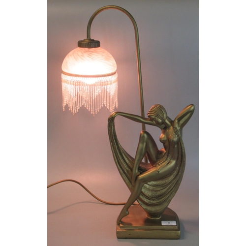 81 - Gilt composition table lamp in the form of a semi nude Art Nouveau lady having frosted shade with be... 