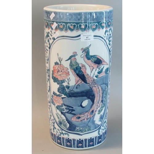 87 - Chinese design porcelain circular stick stand overall with exotic birds amongst foliage 45cm high.  ... 