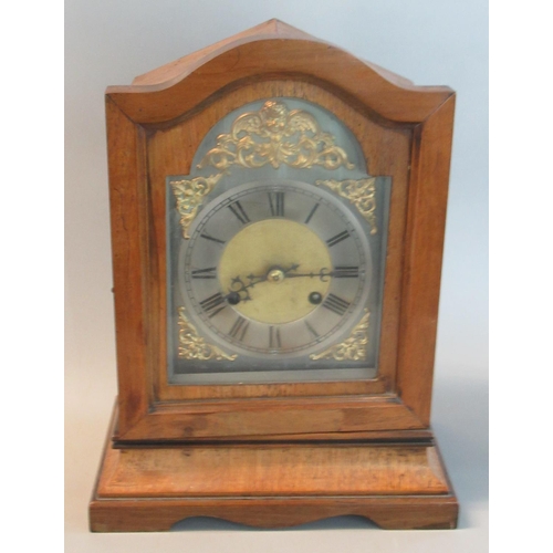 95 - Early 20th century mahogany two train mantle clock with silver chapter ring and roman numerals.  
(B... 