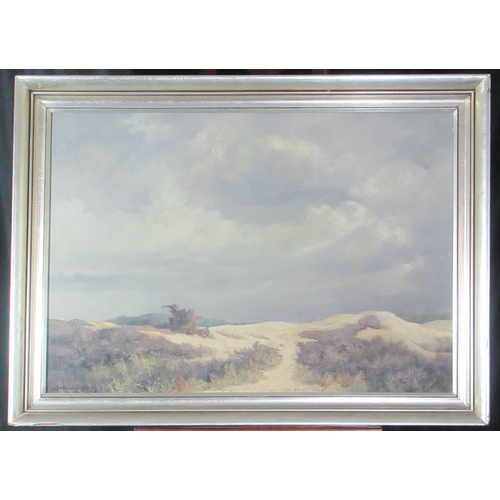 107 - J van den Sojlbergh? (20th century Belgian or Dutch), expansive landscape with sand-dunes, signed, o... 