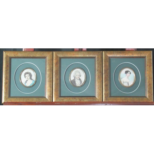 116 - Three 18th/early 19th century portrait miniatures, probably a family group, father, mother and daugh... 