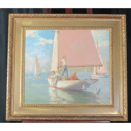 120 - Craig Wallace (Scottish 1886-1969), 'Becalmed, Firth of Clyde', a dinghy racing scene, signed, oils ... 