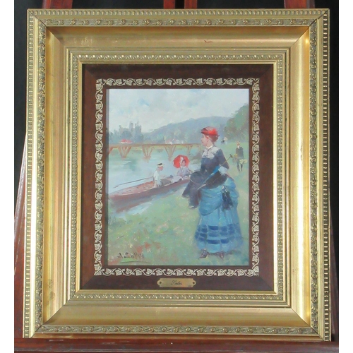 129 - J Soppi (20 century, French), figures on a river-side, signed, oils on canvas.  27x21cm approx.(B.P.... 