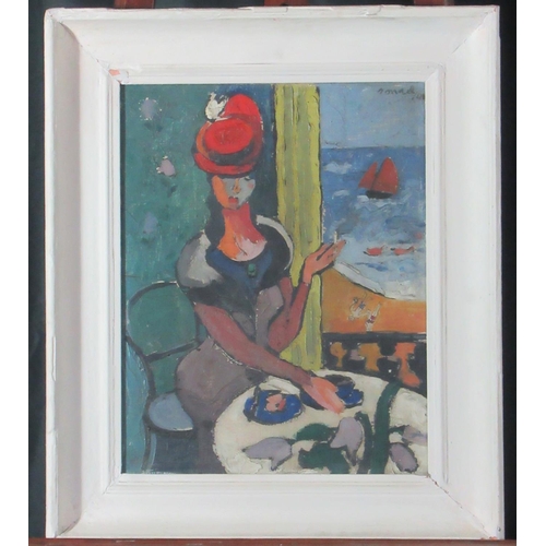 134 - French school (mid 20th century), portrait of a young woman smoking in a window above a beach, indis... 