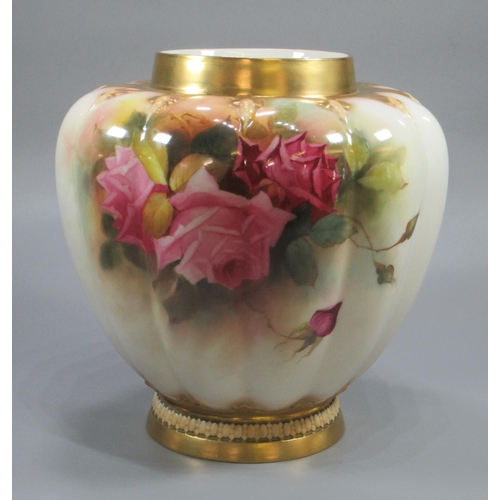 141 - Royal Worcester 1312 vase, of baluster fluted form, hand-painted with roses.  Signed 'A Shuck', date... 