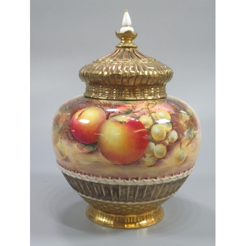 142 - Royal Worcester pot pourri baluster vase and cover and internal lid, with gilt basket weave base and... 