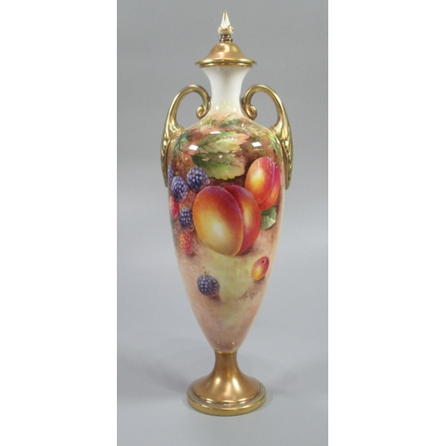 143 - Royal Worcester two handled pedestal ovoid vase, hand-painted with fruits and foliage.  Signed 'J Co... 