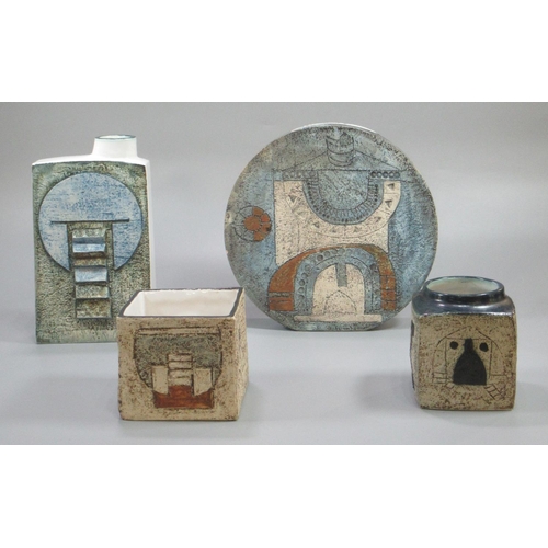 145 - Four Troika Cornwall pottery items, to include: Troika Moon flask vase, another flask vase and two s... 