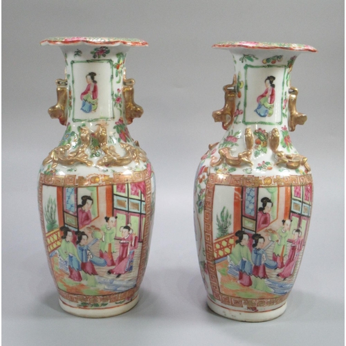 146 - Pair of late 19th century Chinese Canton porcelain Famille Rose decorated baluster shaped vases with... 