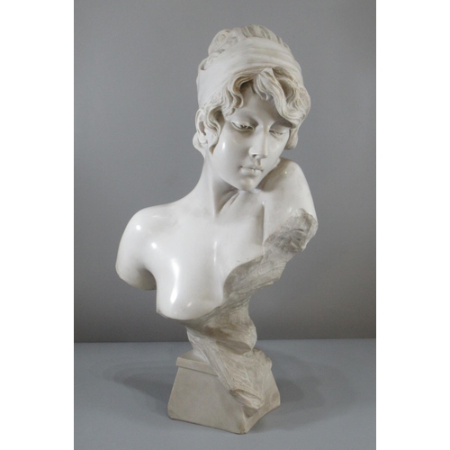 156 - Modern white probably marble Art Nouveau bust of a young  woman with hair band on a naturalistic bas... 