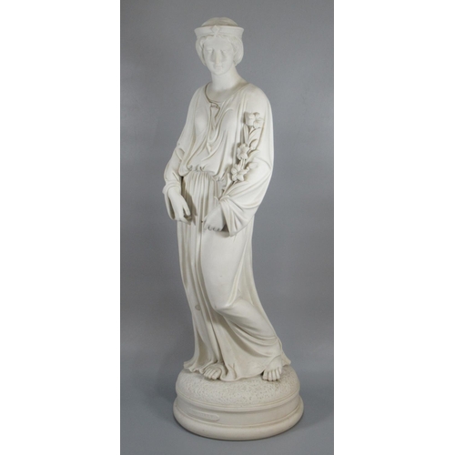 158 - Parian Ware sculpture of a lady, 'Chastity', on circular base, unmarked.  Height 62cm approx.  
 (B.... 