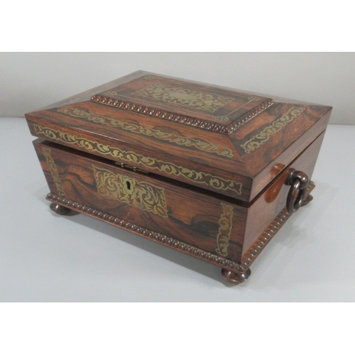 166 - Early 19th century rosewood sarcophagus boulle work ladies work box having ring handles, the interio... 