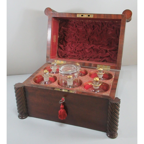 168 - Regency design mahogany decanter box, having spiral columns and brass recessed carrying handles, the... 