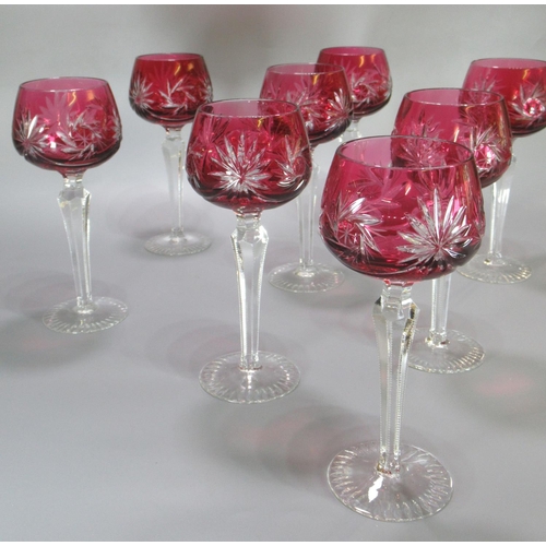 172 - Set of 8 Bohemian Cranberry glass Hock glasses.  19.5 cm high approx.  (B.P. 21% + VAT)