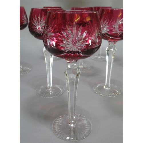 172 - Set of 8 Bohemian Cranberry glass Hock glasses.  19.5 cm high approx.  (B.P. 21% + VAT)