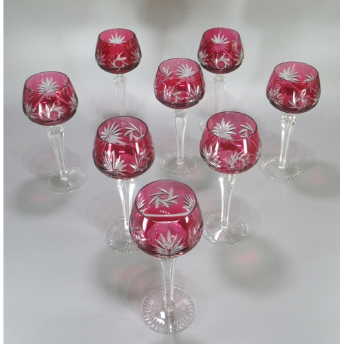 172 - Set of 8 Bohemian Cranberry glass Hock glasses.  19.5 cm high approx.  (B.P. 21% + VAT)