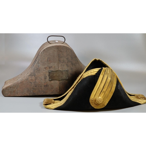 19th century Naval officers 'fore and aft' bicorn hat overall decorated  with gold braid and labelled