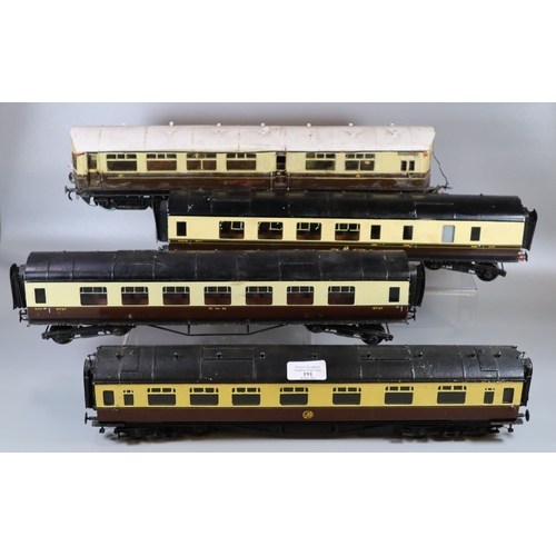 191 - Collection of kit built O gauge Great Western Railway eight wheeled coaches, various.  (4)   (B.P. 2... 