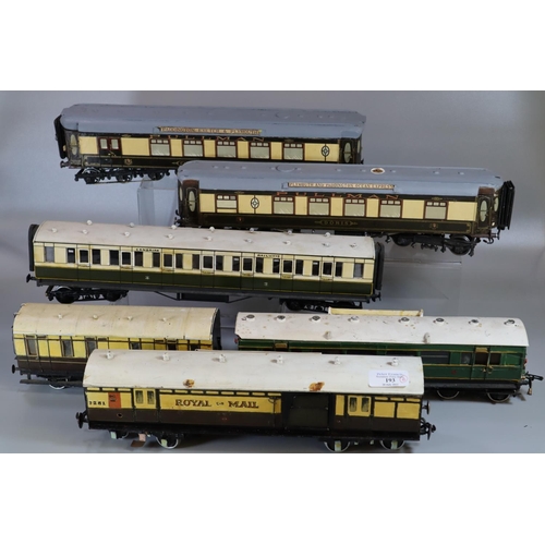 193 - Collection of O gauge kit built railway carriages, to include: Cambrian Railways Corridor coach, two... 