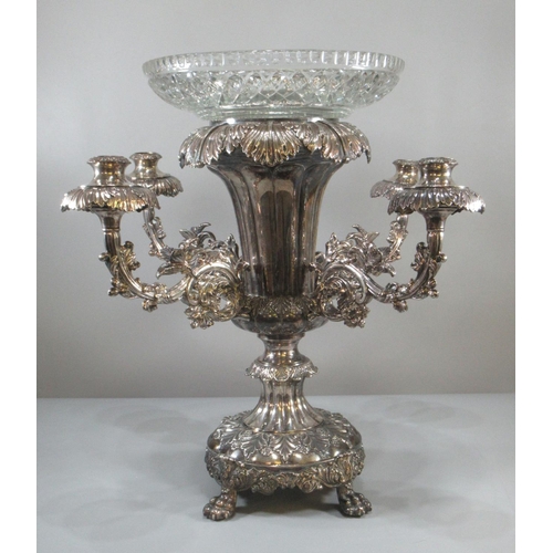 201 - 19th century silver plate four section table candelabra centre piece, having cut glass bowl above ac... 