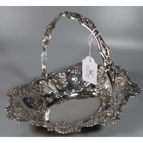 208 - Late Victorian silver fruit basket with single swing handle having pierced borders and embossed frui... 