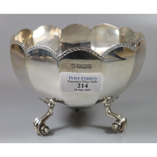 214 - Early 20th century silver bowl or sugar bowl standing on three scroll feet by Thomas Bradbury & Sons... 