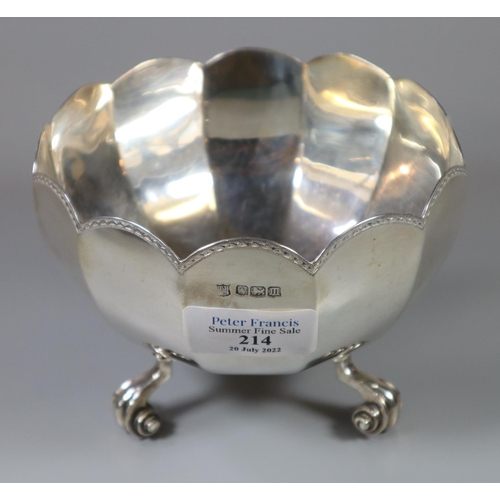 214 - Early 20th century silver bowl or sugar bowl standing on three scroll feet by Thomas Bradbury & Sons... 