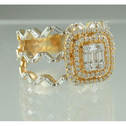 235 - A diamond cluster ring of baguette and brilliant cut stones set in a rectangular setting surrounded ... 