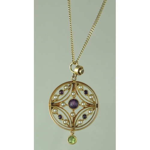 265 - An amethyst, pearl and peridot, ‘Suffragette’ pendant set in 15ct gold on a 14ct gold chain.  Approx... 