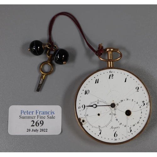 269 - French Breguet of Paris gold open faced key wind pocket watch (lacks outer case), with enamel Arabic... 