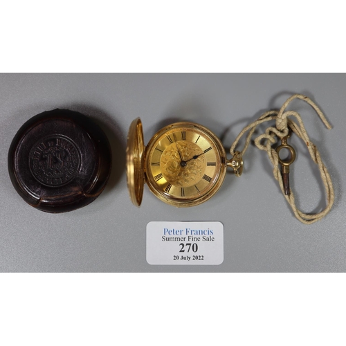 270 - 18 ct gold engraved fancy key wind full hunter pocket watch marked to the interior back plate F Dent... 