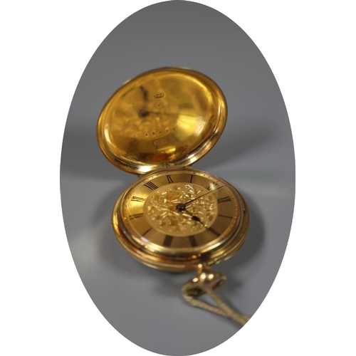270 - 18 ct gold engraved fancy key wind full hunter pocket watch marked to the interior back plate F Dent... 